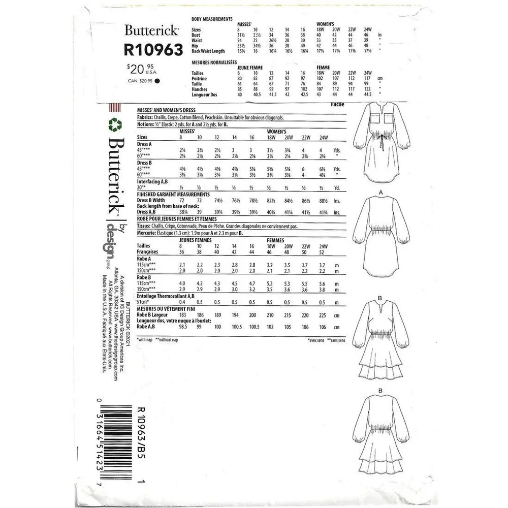Butterick B6806 Sewing Pattern Women Size 18W-24W Dress Tiered Ruffle Blouson
